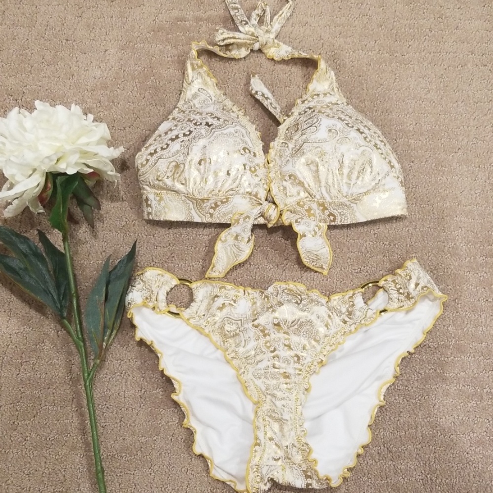 Victorias Secret Gold Paisley Halter Swim Suit Set